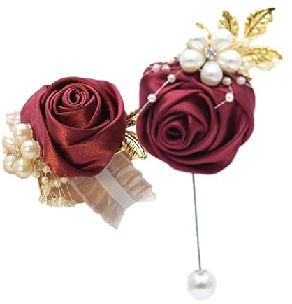 Hrlace Boutonniere und Handgelenksblume 2 Stück Rosen Handgelenk Korsage Braut Handgelenk Blume Blumenarmband Handgelenk Corsage Bräutigam Boutonniere für Hochzeiten, Abschlussbälle, Party Weinrot