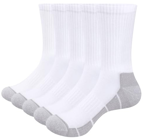 YUEDGE Men's Socks, Moisture Wicking Cushioned Crew Sports Socks, Cotton Rich White Socks, Reinforced Toe Heel Work Socks for Daily Outdoor, Size 6-10, 5 Pairs Gift Box