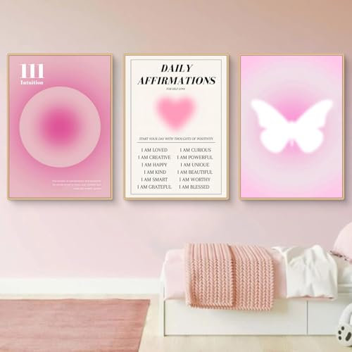 Viusneun 3er Set Rosa Farbverlauf Aura Nummer Wandbilder, Ästhetische Rosa Schmetterling Inspirierende Zitate Leinwand Bilder für Schlafsaal Teen Mädchen Zimmer Deko, Ohne Rahmen (40x50cm)