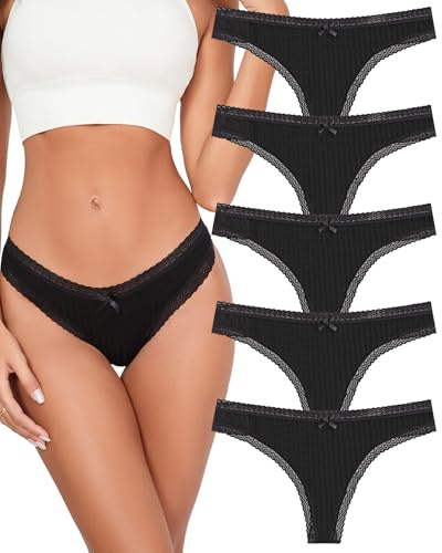 KNITLORD Bambusfaser String Tanga Damen Spitze Unterhosen Weich Atmungsaktive Unterwäsche Frauen Sexy Thong Panty Set 5er Pack