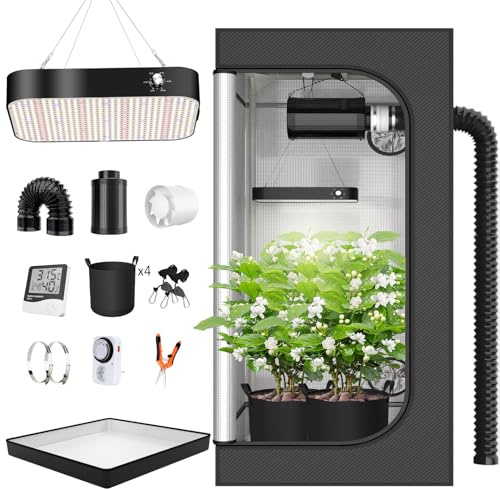 Growzelt Komplettset Anbau Set mit 200W LED Vollspektrum Grow Lampe Dimmbar, 90x90x180cm GrowZelt Kit Komplettes Hydroponics Grow Tent Complete Set(90x90x180cm)