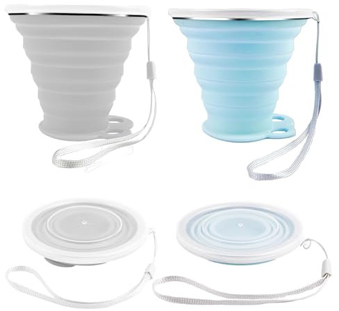 LFBEST 2 Pezzi Tazze di Silicone Pieghevole 270 ml, Alimentare Senza BPA Coppe,pieghevoli, con coperchio a tenuta stagna, riutilizzabili, con coperchio, per escursioni, picnic, viaggi (grigio e blu)