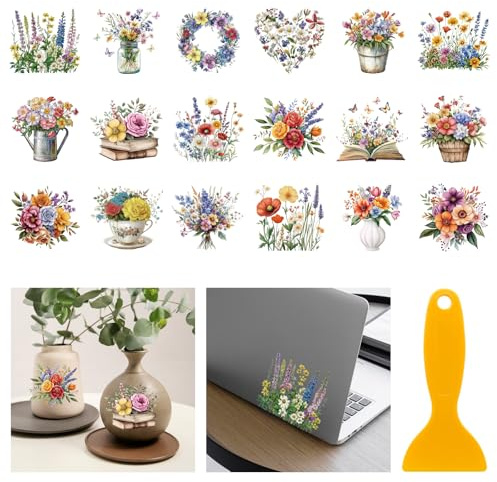GLOBLELAND 18 Blatt Bunte Frühling Wildblumen UV DTF Tasse Transfer Aufkleber 3.9x3.6 Zoll Kranz Blumenstrauß DTF Transferaufkleber Möbel Großformat Transfers für Glasbecher Keraflott Möbel Glas Holz