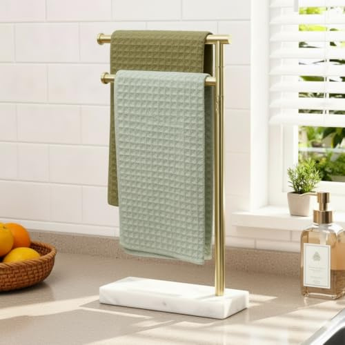 KES Gold Hand Towel Holder Stand for Bathroom, Countertop Towel Stand with Weighted Marble Base, 17.3 Standing Swivel Towel Rack Adjustable 2 Arms, 18/8 Stainless Steel, Brushed Gold, BTH233A-BZ