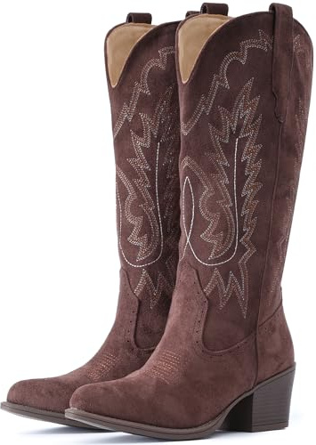 IUV Cowboystiefel aus Wildleder für Damen, klobiger Absatz, spitzer Zehenbereich, Cowgirl-Stiefel, wadenhoch, Western-Stickerei | Halbwadenhohe Western-Stiefel