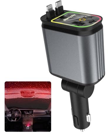 Zumghigh 4-in-1 Retractable Car Charger Adapter with Starlight Projector, A Multifunctional Cigarette Lighter USB Charger for iPhone and Type-C Devices. The Ideal Car Charger Gift for Men and Women