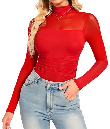 SHAPERIN Dam Body Långärmad Sexig Ren Mesh Bodysuit Topp Elegant Body Ståkrage Blustopp för Festklubb Röd XL