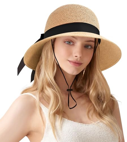 FUIPVGI Femmes Chapeaux de Soleil Chapeau de Paille Solaire pour Femme à Large Bord Chapeau de Plage Pliable avec Mentonnière Réglable, Anti-UV Chapeaux Paille pour Voyage Vacances (Khaki)