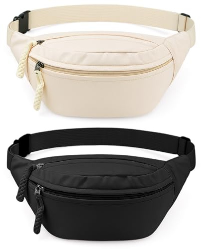 Meng Jiaran 2 Pack Bum Bag Bumbags for Ladies Bumbag for Men Women,Waterproof Adjustable Belt Fanny Packs with 2-Zipper Pockets for Sport Running Walking Travel Cycling,Black Off-White