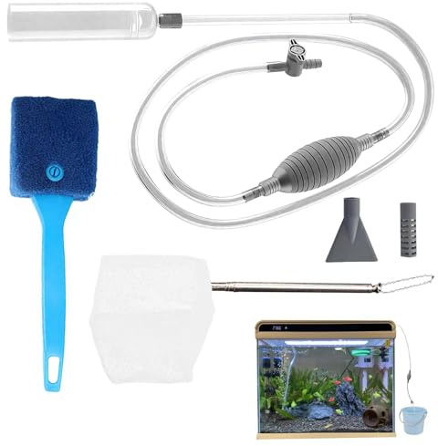 Gravel Fish Tank Cleaning Kit, 6 Pcs Fish Tank Syphon Cleaner and Aquarium Syphon with Fish Net, Water Syphon Pump for Daily Water Changing and Tank Maintenance (Gray)