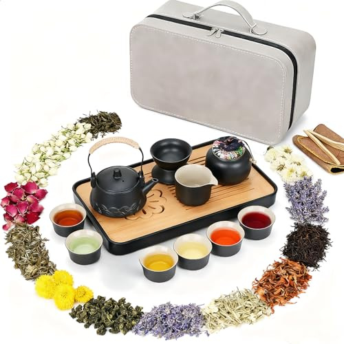 TeamSky Juego de té de cerámica japonesa, 14 piezas, kit portátil de ceremonia de té chino Gongfu con infusor, tetera, tazas, taza de feria, colador de té, bolsa de viaje, juego completo para los