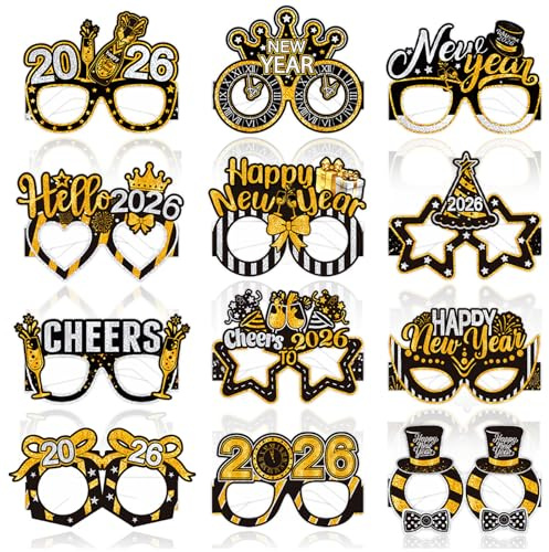 LMSHOWOWO Silvester Deko 2026, 12 PCS Frohes Neues Jahr Brillen, 2026 Papier Brille, Happy New Year Brillen, Neujahr Partybrillen, für Neujahr Silvester Party Dekoration Foto Requisiten