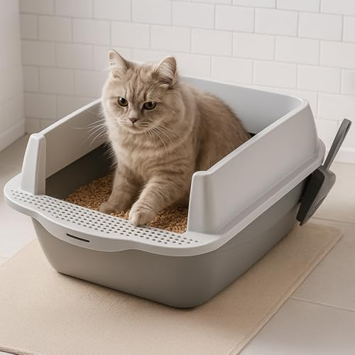 PureNest Cat Litter Tray Large with Scoop – Open Top Cat Litter Box with Detachable Rim – Non Stick Easy Clean Tray with Splash Guard for Cats Kitten – Grey & White 46 x 35 x 22cm