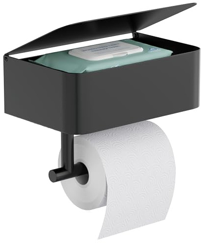 Hovea - Porte Papier Toilette Mural 2-en-1 - avec ou sans Perçage - avec Rangement & Support Téléphone - en Métal – Distributeur Rouleau PQ Décoration - Noir Mat - PPT120