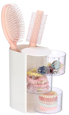 OLegei 3-Layer Hair Accessories Organizer with Hair Brushes Holder, White | Rotatable Trinket Box for Ring, Earring, Desktop&Bathroom Organizer Deawer for Makeup Brushes, Hair Accessories, Cotton Swab