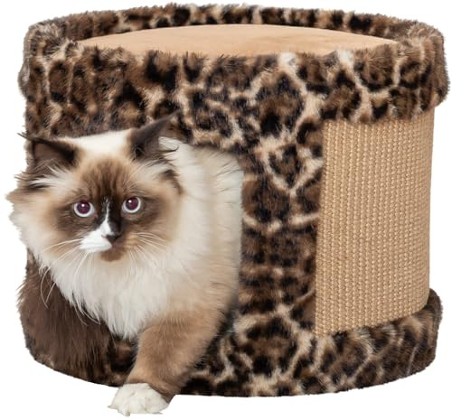 TRIXIE Kratzhöhle Leo, kuschelige Kratzhöhle mit gemütlichem Bett ø 38 × 30 cm, braun, Kratzbaum für Katzen, komfortabel & stabil - 48180 | Kuschelige Kratzhöhle mit gemütlichem Bett – Rückzugsort und Kratzfläche in einem, komfortabel und stabil