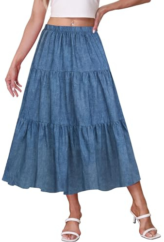 Kingfancy Women's Boho Midi Skirt A-Line Ruffle Elastic High Waist Tiered Flowy Skirts Denim Blue M