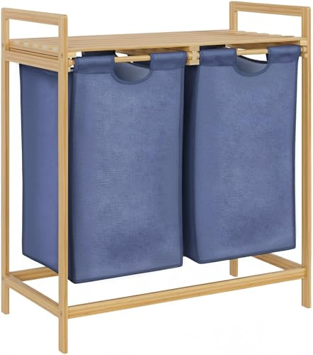 CLP Cesta Portabiancheria per Vestiti Sporchi 2 Scomparti Sussina, Scaffale per Lavanderia in Legno con Ripiano, Ceste in Bambù per Bagno, Colore:natura