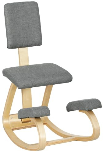 HOMCOM Ergonomischer Kniestuhl mit Rückenlehne, Basis aus Holz Grau | Kniehocker, Bürostuhl, für Zuhause Büro Meditation, zur Verbesserung der Nackenschmerzen Rückenschmerzen