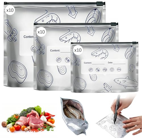 Bolsas de congelación con cremallera, 2026 bolsas de almacenamiento reutilizables con cierre de papel de aluminio, bolsas de almacenamiento de alimentos, adecuadas para el almacenamiento de mariscos