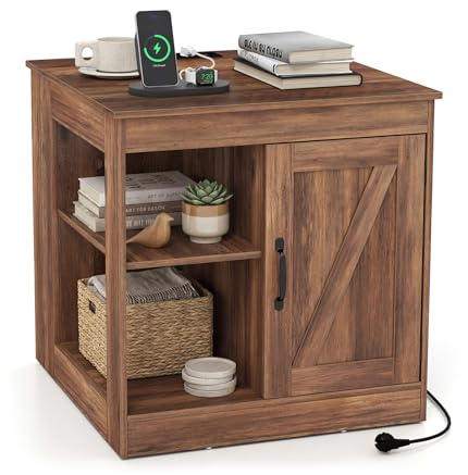 GYMAX Nachttisch mit Ladestation, Beistelltisch mit verstellbarem Regal, Fächern & Schrank, Sofatisch, Nachtschrank, Nachtkommode für Wohnzimmer, Schlafzimme (Rustikale Eiche)