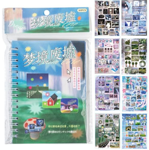 Bafutayawa Stickerbuch Y2K Aesthetic 30 Blatt Dreamcore Sticker Book für Journaling Scrapbooking Glitzer Aufkleber Set Vintage Retro Deko für Tagebuch Fotoalbum
