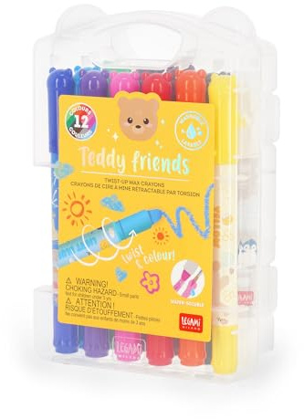 LEGAMI – 12er-Set Teddy Friends Wachsmalstifte, drehbar, weicher Strich und intensive Farben, abwaschbar, 8-mm-Spitze, muss nicht gespitzt werden, 1,6 x 13,3 x 1,8 cm