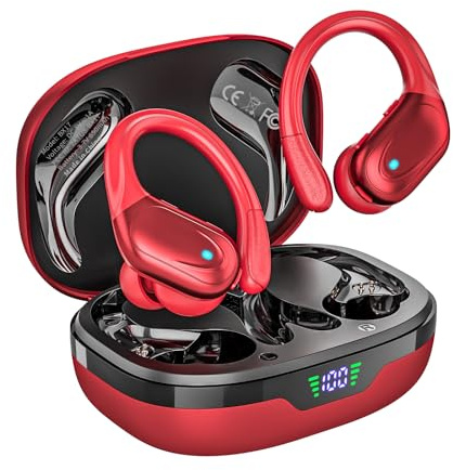 HAOYUYAN Wireless Earbuds, Sports Bluetooth Headphones, 80Hrs Playtime Ear Buds with LED Power Display, Noise Canceling Headset, IPX7 Waterproof Earphones for Workout/Running-Bright red