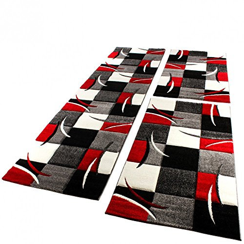 Paco Home Bettumrandung Läufer Teppich Modern Karo Rot Grau Schwarz Weiss Läuferset 3 TLG., Grösse:2mal 60x110 1mal 80x300
