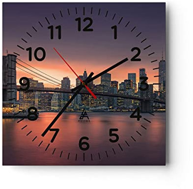 Modern Wanduhr New York Brücke Nacht 30x30cm Quadrat Klein Wand Uhr Glas Analog Zimmeruhren Küche Büro Wohnzimmer Glasuhr Wall Clock Dekoration Design Wanddekoration Küchenuhr C4AC30x30-4048