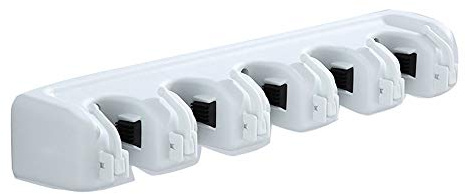 Gaorui Mop Broom Holder Garden Tools Wall Mounted Organizer Storage Hooks Garage Storage Rack Hanger 5 Position and 6 Hooks for Home Kitchen Garden (White, 5-Position)