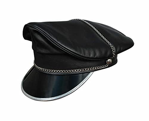 N? Echt Leder Schwarz Army Muir Biker Silber Schirmmütze mit Kette, Schwarz , S