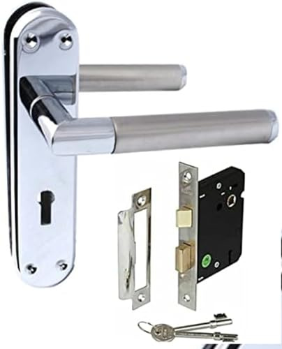 Haven Heritage ® Internal Mitred Lever Lock Door Handles in Satin Nickel & Chrome Dual Finish + Lock with Keys - Back Plate 179 x 40mm Sold in Pairs (1)