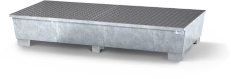 Denios Auffangwanne aus Stahl | verzinkter Gitterrost | ohne Abfüllbock | silber | BxHxT 2200 x 590 x 1300 mm | Volumen 1000 Liter | 2 Fässer | Arbeitssicherheit Notfall-Umweltschutz-Produkte