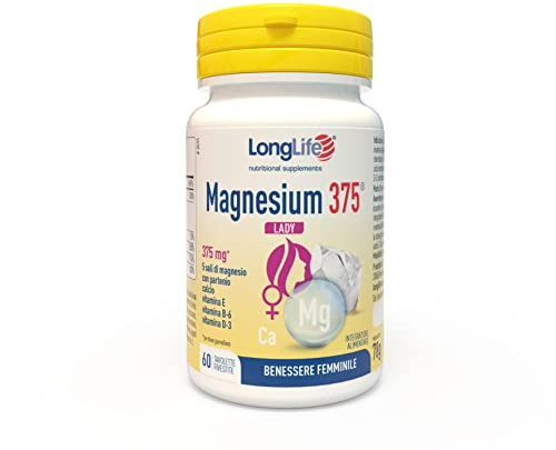 LongLife® Magnesium 375 Lady | Disturbi mestruali e menopausa | 5 sali di magnesio ad alta biodisponibilità | Estratto di partenio, calcio, vitamine E, B6 e vitamina d 3 | Senza glutine e doping free