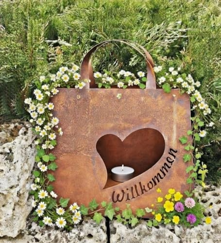 STEINFIGURENWELT GIEBEN Edelrost Große Handtasche 32x37cm Tasche zum Bepflanzen Willkommen mit großem Herz Rost Pflanztasche Blumentopf Windlicht Edelrost Gartendeko