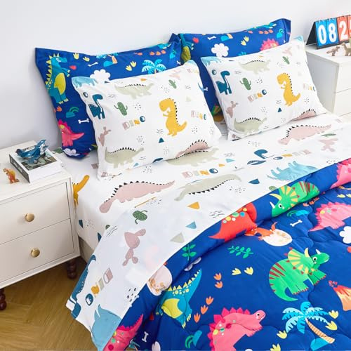 Wajade Set di biancheria da letto per bambini, con piumino, set di 7 pezzi, motivo dinosauri blu 3D con stampa della giungla, copripiumino e federa