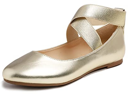 Feversole Women's Suede Ballet Flat,Sangles élastiques à la Cheville Chaussures de Ballet Ballerines Fille et Femme Cuir végétalien doré Élastique Taille 38