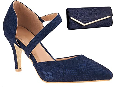 SB0503 Women's Navy Blue Lace Mid Heel Pointed Toe Strappy Court Shoes with Matching Clutch/Shoulder Bag (Navy Blue, UK_Footwear_Size_System, Adult, Women, Numeric, Medium, Numeric_4)