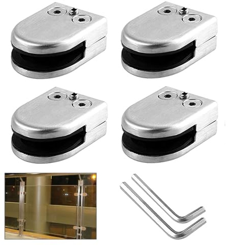 QitinDasen 4 Stück 8～10 mm (M Größe) Edelstahl Glasklemmen, 304 Edelstahl Glashalter, Einstellbare Glasklemme Halterung Flacher Rückseite, für Treppe Balustrade Handlauf (Silber)