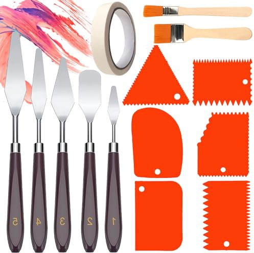 14 Piezas Espatulas Pintura Acrilica Set,5 Cuchillos de Paleta de Acero Inoxidable+6 Cuchillos Rascadores,2 Cepillos,1 Cinta,Raspador para Arte,Cuchillo de Pintura, para La Pintura de Arte Artesanal