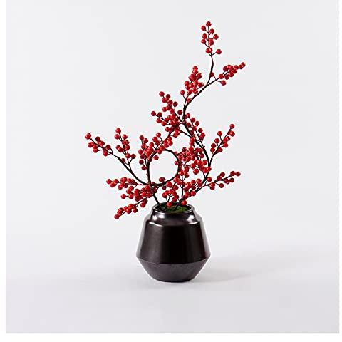MBELLO Exquisite Kunstblumen und Vase, 66 cm, künstliche rote Beere, Exquisite Kunstblumen mit schwarzer Vase, künstliche Seidenbeeren for Weihnachten, Festival, Urlaub und Heimdekoration