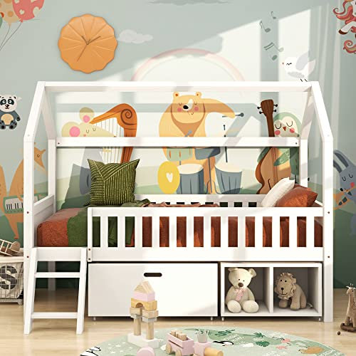 I0I&I0I Hausbett Kinderbett Jugendbett 200x90 Mit Schubladen und Ablagefächern Geeignet für Jungen und Mädchen Mit Anti-Drop-Geländer (Weiß)