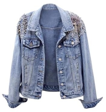 DBFBDTU Damen-Jeansjacke mit Umlegekragen, Nieten, lässiger kurzer Jeansmantel, kurzer Stil, Oberbekleidung, blau, 38