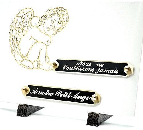 Plaque Funéraire Enfant Bébé Ange Or | Plaque Commémorative Ornement funéraire | Pierre tombale blanche | Decoration tombe cimetiere | (GRAND 18x25CM)
