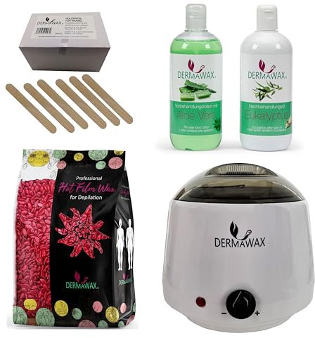 Dermawax Profi Waxing Set zur Haarentfernung- 1000 ml Wachswärmer Made in Spanien- 1 kg Rose Wachsperlen- 500 ml Aloe Vera Vorbehandlungslotion 500 ml Eukalyptus Nachbehandlungsöl 200 Stück Holzspatel