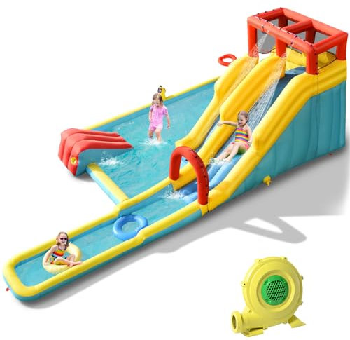 LIFEZEAL Castello gonfiabile acquatico per bambini, parco gonfiabile con doppio scivolo, casa per bambini di rimbalzo con parete da arrampicata, pistola ad acqua, anelli da nuoto per 3-10 anni (con