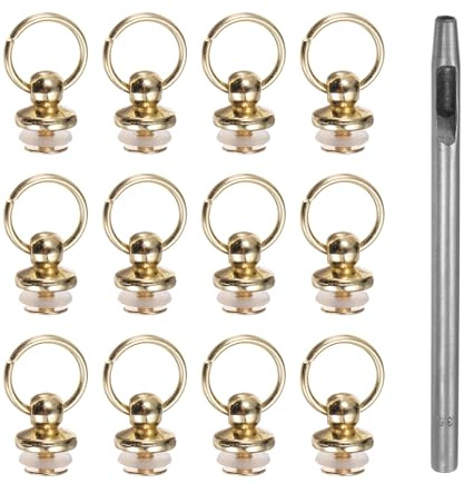sourcing map 12pcs Metal Studs Rivets 7mm D-Ring Button Rivets with Leather Hole Punch for Leather Craft, Gold Tone