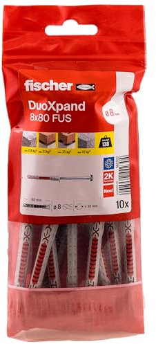 fischer DuoXpand 8 x 80 FUS, hochwertiger Universaldübel mit Sechskantschraube & angeformter U-Scheibe (10 Stk.), Dübel für starken Halt, ideal für poröse Baustoffe & randnahe Verankerungen