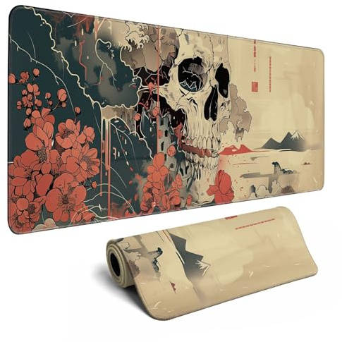 Grand tapis de souris japonais Ukiyo-e motif tête de mort pour bureau, tapis de souris de jeu pour homme avec bords cousus, antidérapant, 80 x 30 cm